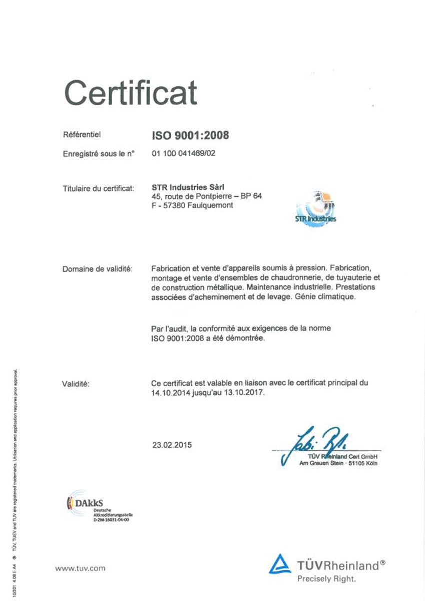 Certificat STR Industries ISO 9001:2008