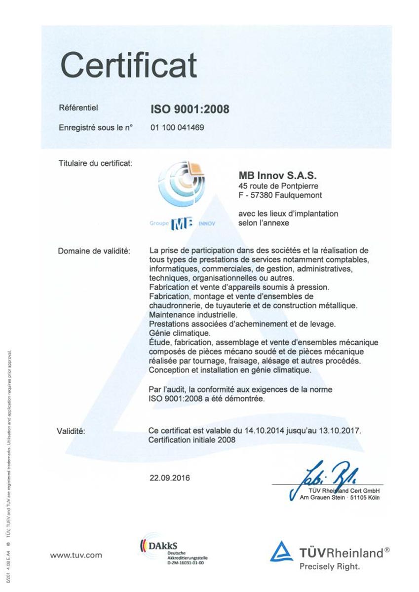 Certificat STR Industries ISO 9001:2008